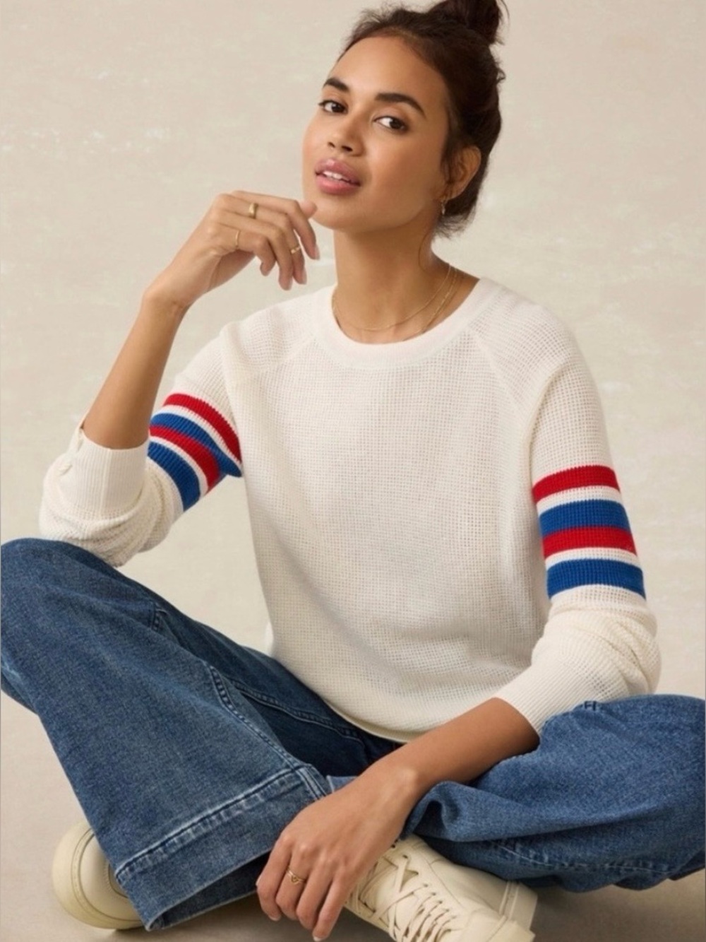 Faherty Throwback Waffle Crew Sweater Cream Size XS